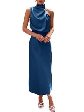 Amazon Women's Navy Blue Sleeveless Draped High-Neck Maxi Dress